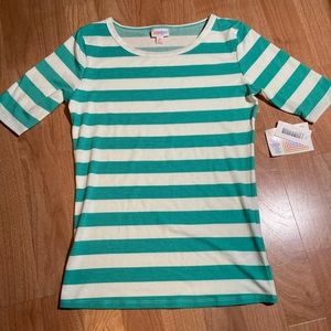 NWT Xs Gigi Aqua Stripes 3/4 Sleeves Fitted Top High Scoop Neck